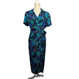 Maggy London Dress 10P Floral Wrap Midi SS 100% Silk Resort Office Casual Summer
